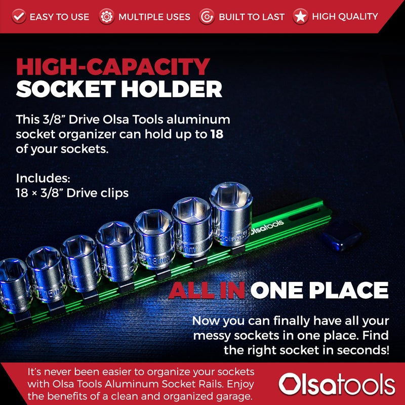 Olsa Tools Socket Organizer - 3/8-Inch Drive Green Holder - Stores 18 Chrome or Impact Sockets - Durable Rail Storage for Mechanics - Professional Grade Metric or SAE Socket Organizer - Part 1014 - Image 2